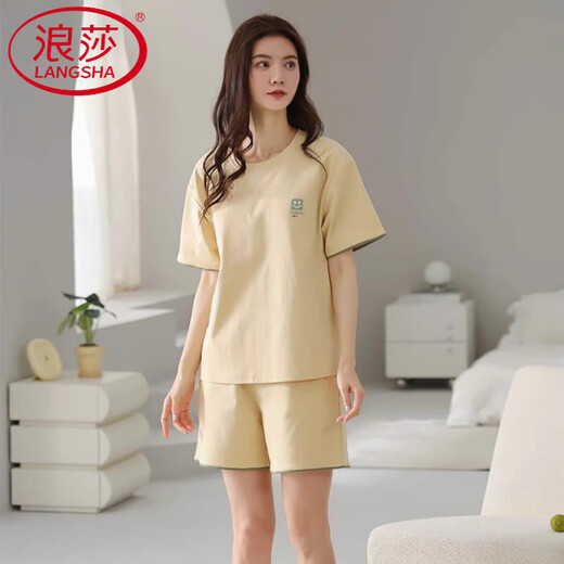 浪莎（LangSha）轻奢睡衣女夏季棉短袖短裤简约休闲棉薄款可外穿家居服套装 Z9859 XL 120-140斤