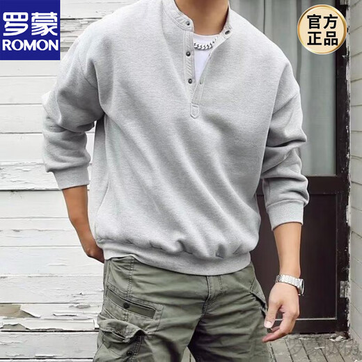 ROMON handsome trendy autumn men's henley collar long-sleeved T-shirt bottoming shirt stand-up collar solid color loose casual pullover sweatshirt black high quality XL recommended 120-135Jin Jin equals 0.5 kg