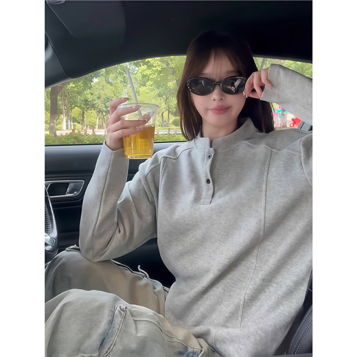 Jufeng light gray American Henry collar sweatshirt men's spring and autumn high-end polo shirt long-sleeved T-shirt with base layer light gray fabric upgrade 90% of buyers choose 3XL