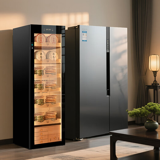 JK-468C Pu'er tea cabinet with constant temperature and humidity, green tea, spices, moisture-proof storage, mature humidity-controlled red and white wine refrigeration, large capacity with fingerprint lock, stainless steel liner, pull-out basket with 4+2 compartments - 448L