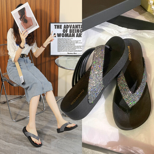 Gao Meilun WH38832-2 primavera y verano Woooohu Fashion Fashion Beach Shoes Talls Flat Tacs All-Match Herringbone Black 36