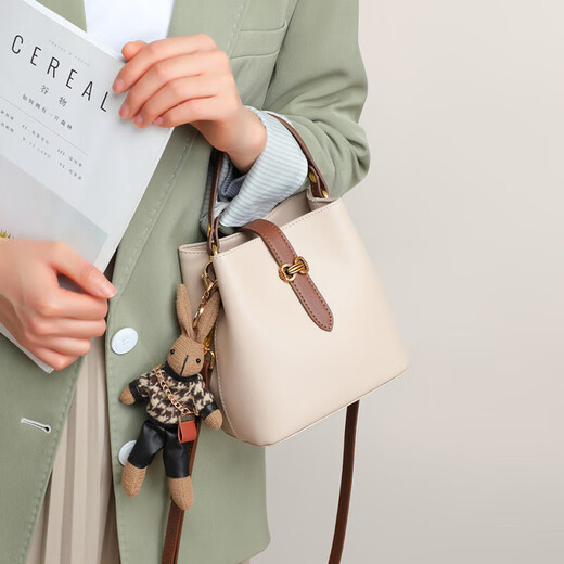 Enlike International Luxury Brand 2025 new genuine leather versatile high-quality handbag bag women's bag crossbody bucket bag sea salt white