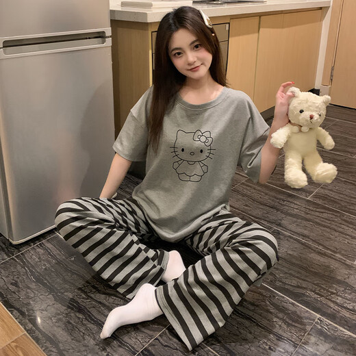 
Xiangyaxin short-sleeved trousers pure cotton pajamas for women in summer new casual and comfortable cartoon stripes for outdoor wear home clothes spring and autumn 826 cat M