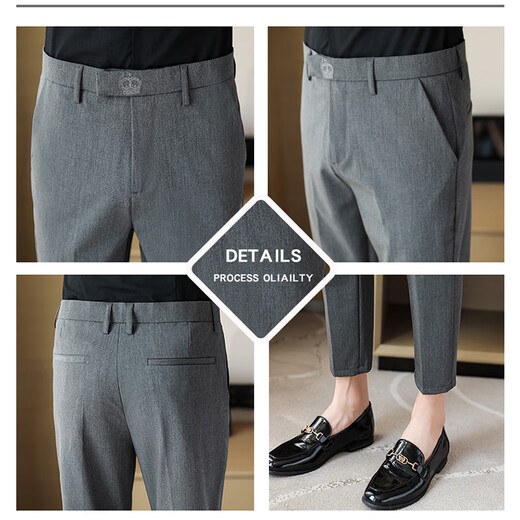Jesons summer pants men's casual pants straight drooping pinnacle suit pants slim foot business casual pants trousers K723 black (crop pants) 32