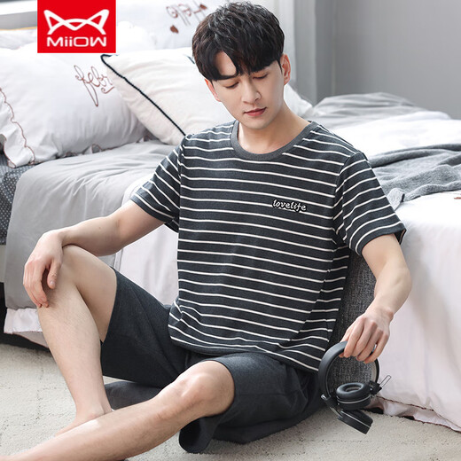 
Catman MIIOW Men's Summer Pure Cotton Shorts Shorts Youth Summer Thin Stripes Can Wear Outside Casual Home Clothing Set Pure Cotton FA#6623 L Recommended-125Jin[Jin is equal to 0.5 kg]