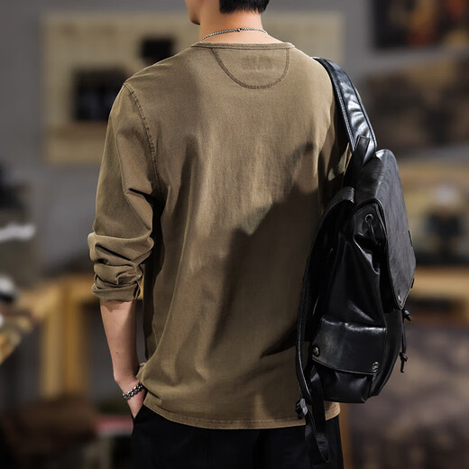 American retro trendy Henry collar casual long-sleeved T-shirt for men spring style pure cotton inner layer sweatshirt Mocha brown XL suitable weight 145-160Jin Jin equals 0.5 kg