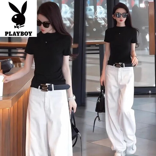 花花公子（PLAYBOY）时尚牛仔裤套装女2025夏季新款高腰显瘦百搭休闲直筒阔腿裤两件套 【蓝色上衣+白色裤子】-旗舰款 L _建议110-120斤