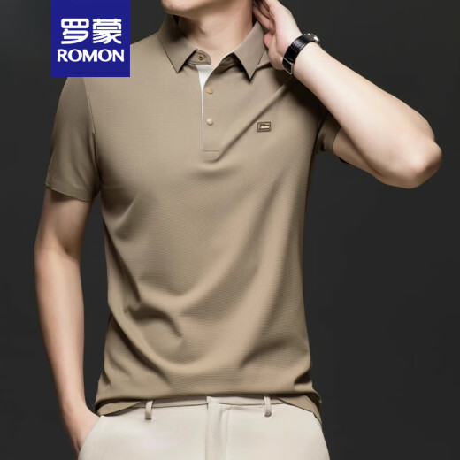 Romon Ice Seide Kurzärärtes T-Shirt Herren Sommer New Revers halbärmelte Top High-End Business Casual Polo Shirt Herren T M723 Khaki S 165 [90-110Jin [Jin entspricht 0,5 kg]]