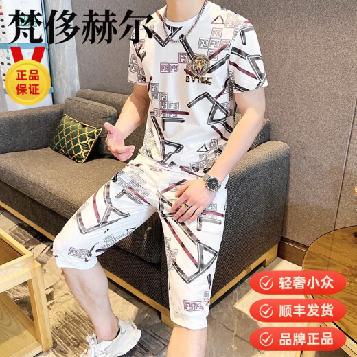 梵侈赫尔轻奢烫钻短袖恤男夏季潮牌潮流高端冰丝速干男士穿搭七分裤套睡裙 829白色 M
