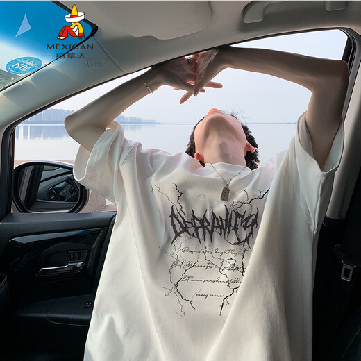 
Scarecrow high street design sense blurred lightning letter printing short-sleeved T-shirt men's summer trendy brand loose half-sleeved T-shirt top white T3894 L