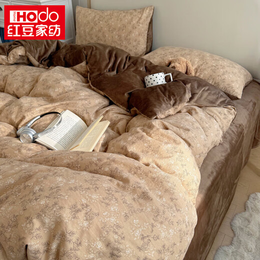 Hongdou Home Textiles double-layer yarn washed cotton plus velvet bed four-piece set autumn and winter milk velvet quilt cover sheet bedding three-piece set Zhiqiu A double-layer yarn B side baby velvet 1.8m bed sheet style four-piece set (quilt cover 200*230cm)