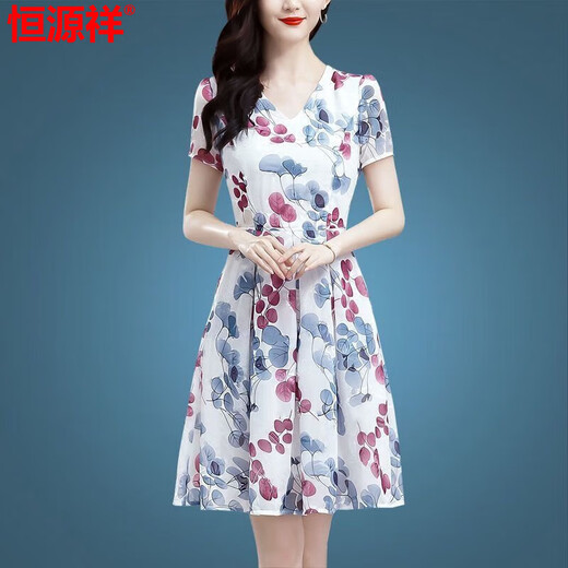 
Hengyuanxiang middle-aged noble ice silk dress for women 2025 new summer short person slim floral skirt 40 to 50 mother suit [ice silk 9904 skirt] 2XL [recommended to wear 125-135]