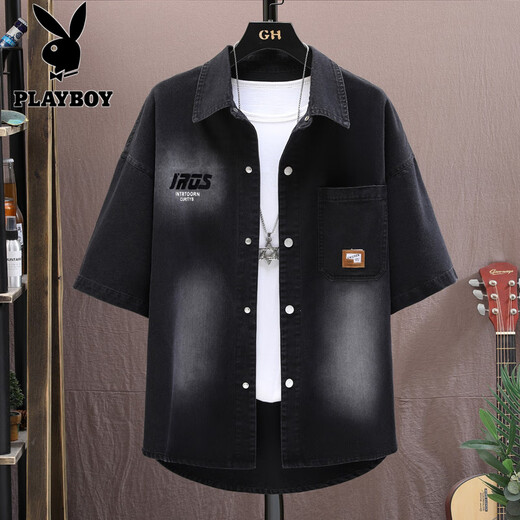 Playboy (Playboy) Summer American Retro Denim Shirt Men Men de travail à manches courtes à manches à manches