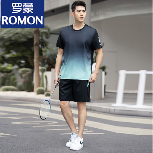 罗蒙（ROMON）男士跑步速干休闲运动套装男夏季薄款加肥加大码短袖两件羽毛球服 蓝色 9902 L 90-110斤