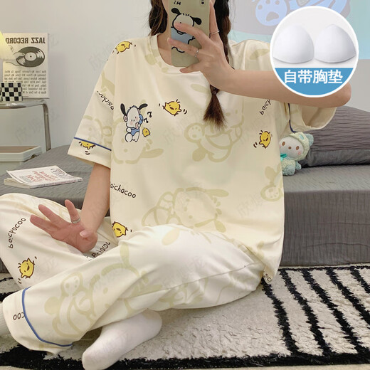 Chuangjingyi chose pajamas with chest pads for women in spring and autumn short-sleeved trousers for winter cute cartoon suits for summer sweet ladies home clothes XYL-9207# [with chest pads] M [85-100Jin[Jin equals 0.5 kg]]