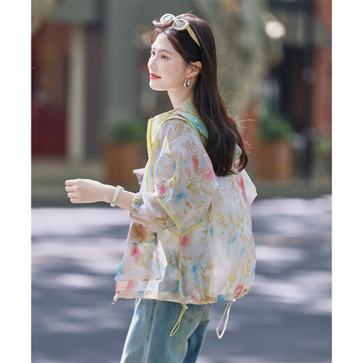 Shangjing Ou Ruofeng Monet Garden Printed Gold Sunshade Top 25 Summer New Loose and Slightly Transparent Hooded Jacket for Women