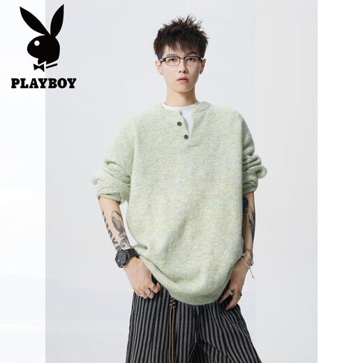 Playboy (PLAYBOY) American Heavy Henley Collar Bottoming Knitted Sweater Men's Autumn Handsome Loose Lazy Style Pullover Sweater Black L