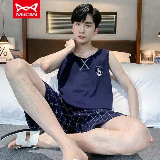 Catman Miiow Pyjamas Männer sommerhändler ärmellose Weste Baumwolldünne Baumwollstil für junge und mittlere Männer mit kurzärärmigem Plus-Size-Einfache zu Hause 9928 l Männer (vorgeschlagen -130jin [Jin entspricht 0,5 kg]))