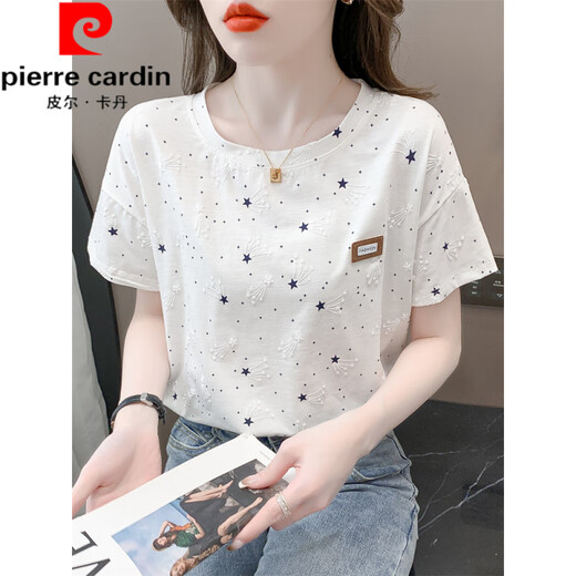 皮尔卡丹（pierre cardin）纯棉印花t恤女短袖夏装2025年新款宽松印花设计感百搭体恤上衣潮 1396白色+338黄色花 S 适合80-99斤