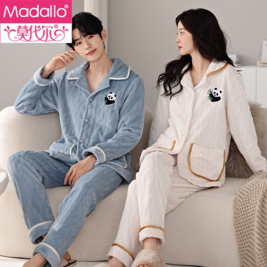 Modal new couple pajamas coral velvet autumn and winter thickened warm flannel men's and women's home clothes can be worn outside the suit S cut cardigan women's off-white/men's blue gray XL women's XL+men's XL