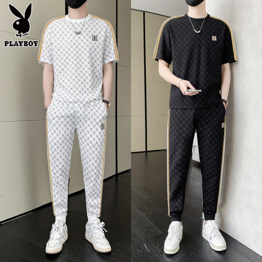 Playboy Casual Two-Tiefe Set Herren Sommereis Ice Seide Thin Sportswear Set Herren trendy T-Shirt Kurzarm Short/Hosen ein komplettes weißes Set [Kurzarm + Hosen] L (Empfohlen 115-135jin [Jin gleich 0,5 kg]))