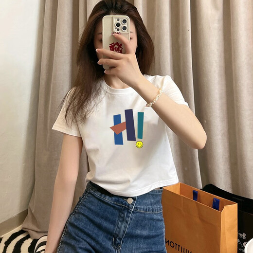 GTYUWVG白色正肩纯棉女士短袖t恤女装夏装2025新款印花修身高腰短款上衣 6189白色-短款 S 75-90斤
