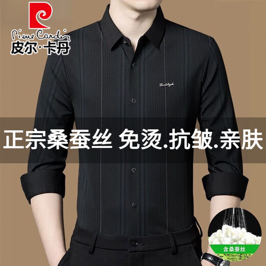 Pier Cardin High-de gamme authentique en soie de mûrier authentique à manches à manches longues pour le printemps et l'automne, New Casual Striped Ferred Business Slim Shirt Z699-Blue (haut élastique, respirant, résistant à l'usure) L 170 Recommandé 115-130jin [Jin est égal à 0,5 kg]
