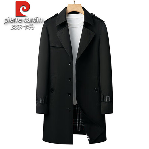 皮尔卡丹纯棉中长款风衣男2025春秋新款100%全棉英伦风西装领大衣休闲外套 黑色 L 175 130-145斤