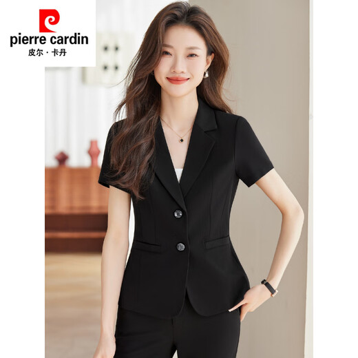 皮尔卡丹（pierre cardin）黑色短袖西装套装女夏季工装薄款气质职业正装酒店前台接待工作服 A9928一粒扣黑色西装 S