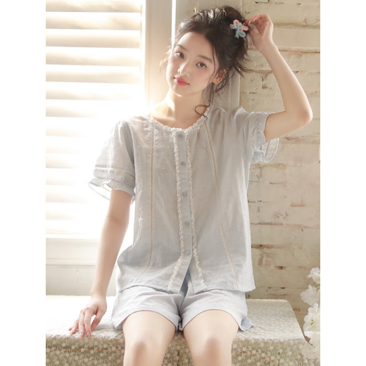 浪莎（LangSha）2025年新款夏季女士睡衣短袖短裤法式纱布大码家居服可外穿套装 3892粉紫色 2XL (建议140-160斤左右)