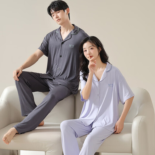 维秘艾米丽莎莫代尔情侣睡衣女春夏季款短袖长裤薄款家居服男女士开衫大码套装 N12108女N12308男 M 女