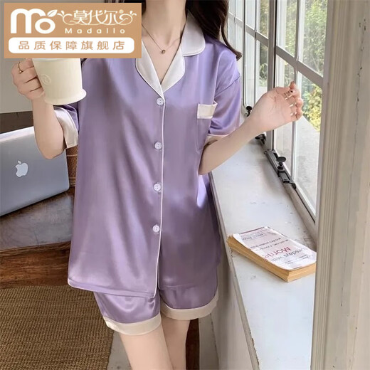 莫代尔ins风韩版简约冰丝睡衣女夏季短袖短裤套装少女丝 LW-9214【短袖短裤】 M 【建议80-100斤】