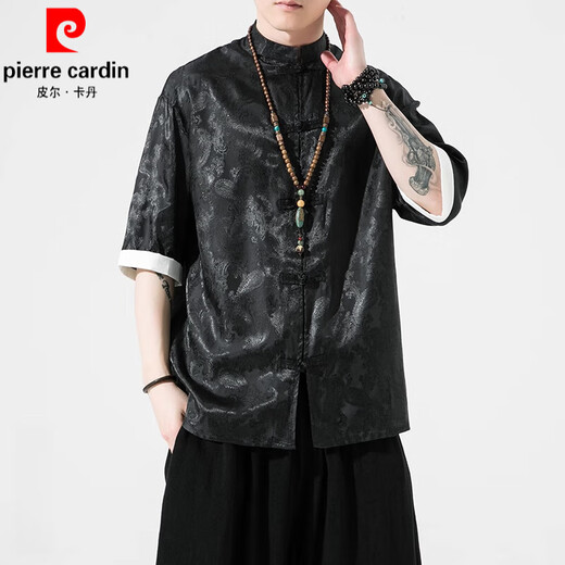 皮尔卡丹（pierre cardin）冰丝唐装中国风夏季薄款短袖衬衫男复古宽松汉服大码五分袖衬衣服 A686黄色 XL 135-150斤