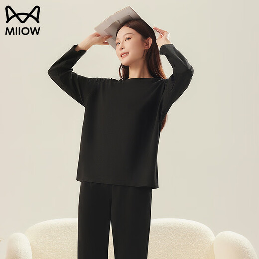 MiiOW New Couple Pajamas for Men and Women Spring and Autumn Waffle Long Sleeve Round Neck Pullover Solid Color Wearable Outerwear Home Clothing Set Black - Male L