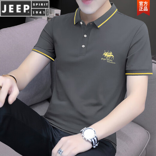 JEEP SPIRIT珠地棉保罗刺绣Polo衫男士修身短袖t恤夏季翻领上衣透气半袖体恤 S5012款 黑色 M 适合95-115斤