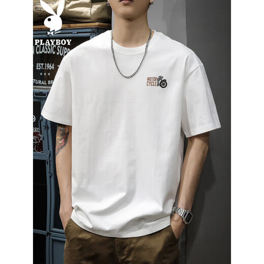 Playboy; PLAYBOY2025 white new short-sleeved T-shirt for men loose fashion brand summer pure cotton half-sleeved American ins heavy men's T-shirt HST1518 white 2XL weight 160-180Jin [Jin equals 0.5 kg]