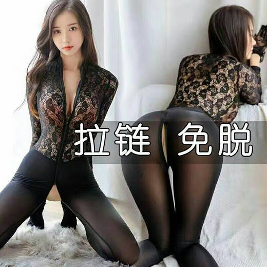 Universal women's large size one-piece stockings, tight hip-covering, open lace, sexy transparent zipper, adult flirt, black lace jumpsuit + gloves XL 100-130Jin Jin equals 0.5kg