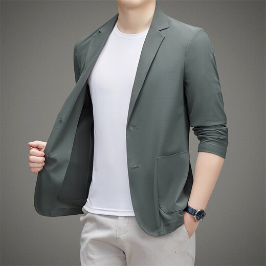 EQJ高档品牌冰丝高弹男士外套夏季新款纯色休闲轻薄款防晒西服 藏青 XL 适合150-170斤