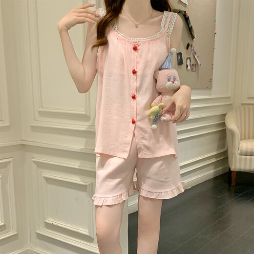 梦鸾吊带背心睡衣女夏季带胸垫2025新款蕾丝花边公主风甜美家居服套装 9226FE 爱心纽扣 粉色 XL