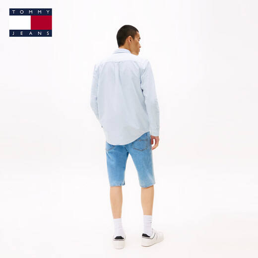TOMMY JEANS [Oxford Spinning] 25 new spring and summer men and women texture stripes Asian version long-sleeved shirt/pure cotton solid color shirt Blue C3Q L