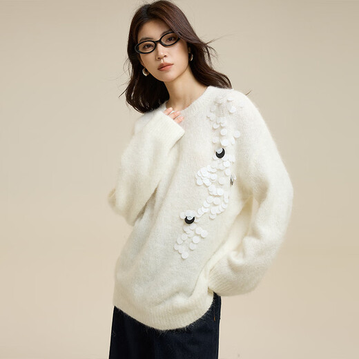 
ROMON high-end knitted sweater for women French elegant alpaca sweater for women spring and autumn new high-end bead-sheet soft pullover top white one size / slightly hair loss / mind careful shooting