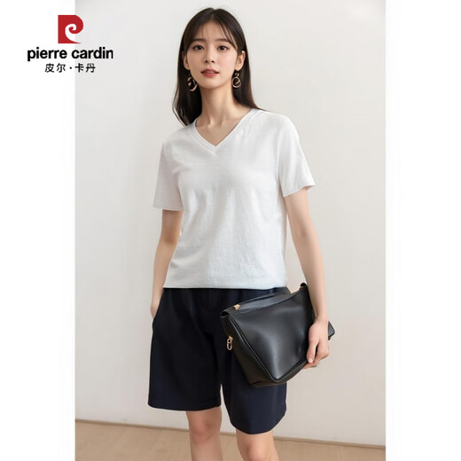 Pierre Cardin Bambus Baumwolle weißes kurzärmeliges T-Shirt für Frauen neu 2025 Sommer koreanischer Stil loser Baumwoll-T-Shirt mit V-Ausschnitt Top 6210 Runden Hals schwarz S 80-90jin [Jin entspricht 0,5 kg]