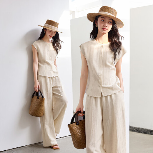 Traje de lino a la antigua de alta gama Vanchiman para mujeres nuevas y pantalones sin mangas de verano