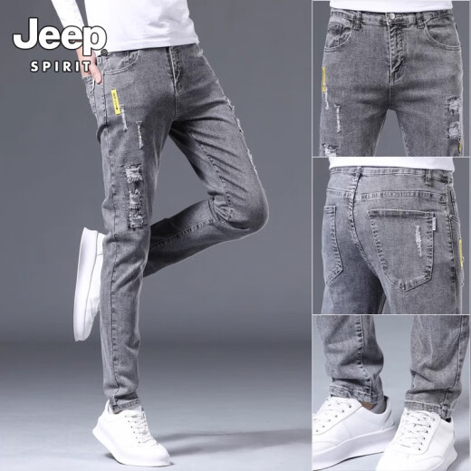 Jeep Spiritjeep Jeep Jeep Herren schlanker kleiner Fuß Spring- und Sommer -Herrenhosen Rippte Trendy Brand Elastic Slim Summer Herrenhosen 6636 Grau + 082 Black 28