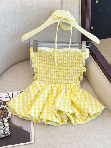 Banfishi sweet pink plaid tube top for women's summer outer wear three-dimensional flower ribbon halter neck wrap skirt small top yellow S