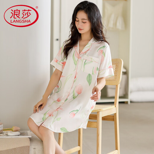 浪莎轻奢新款睡裙女夏季性感短袖衬衫开衫中长款仿真绸缎女睡衣裙 DF9902 M 【建议80-100斤】