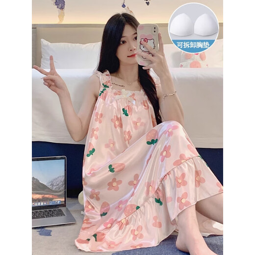 诸禄睡裙女夏季自带胸垫冰丝凉感吊带睡衣夏女士甜美可爱家居服 3889【不可拆胸垫】 M 【75-100斤】