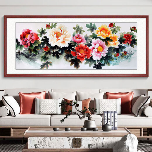 National Color Tianxiang Chinese Painting Office Peony Flower Hanging Painting Chinese Living Room Decoration Painting Sofa Restaurant Background Wall Mural 12353cm Red Walnut Wood Grain Aluminum Alloy Frame Waterproof Moisture-proof Oil Canvas GW103 Frame Width 35cm Thickened