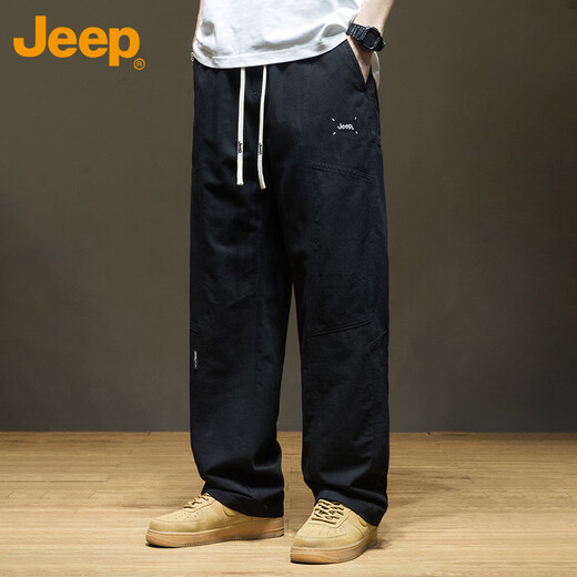 JEEP Casual Pants Men's Autumn and Winter Pure Cotton Trendy Loose Straight Pants Men's Versatile Sports Men's Pants Khaki 2XL