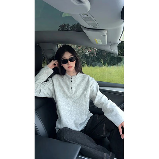 Jufeng American long-sleeved Henry collar T-shirt for men in autumn deconstructed right shoulder polo shirt sweatshirt heavy boxy inner layering shirt white gray upgraded model M 100-115Jin Jin is equal to 0.5 kg